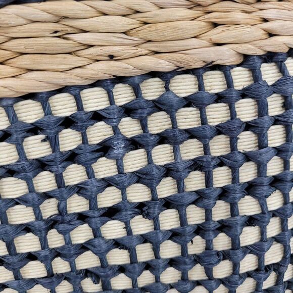 The Sak Woven Straw Rattan Basket Tote Bag Black Neutral Checkered Top Handle - Picture 2 of 8